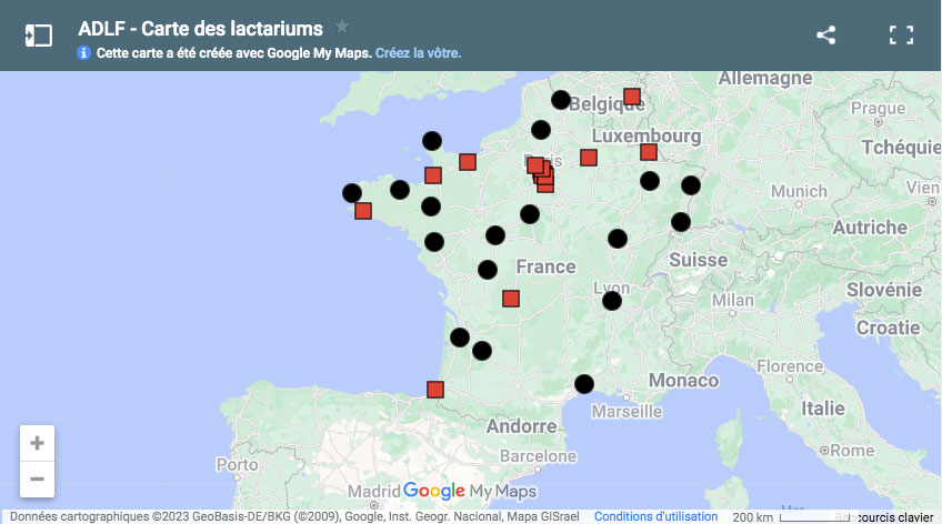 Carte répertoriant les lactariums de France